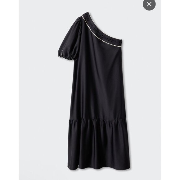 Mango Black Asymmetrical Satin Dress With Puffed Sleeve & Ruffled Hem Sz US 10 - Picture 7 of 13